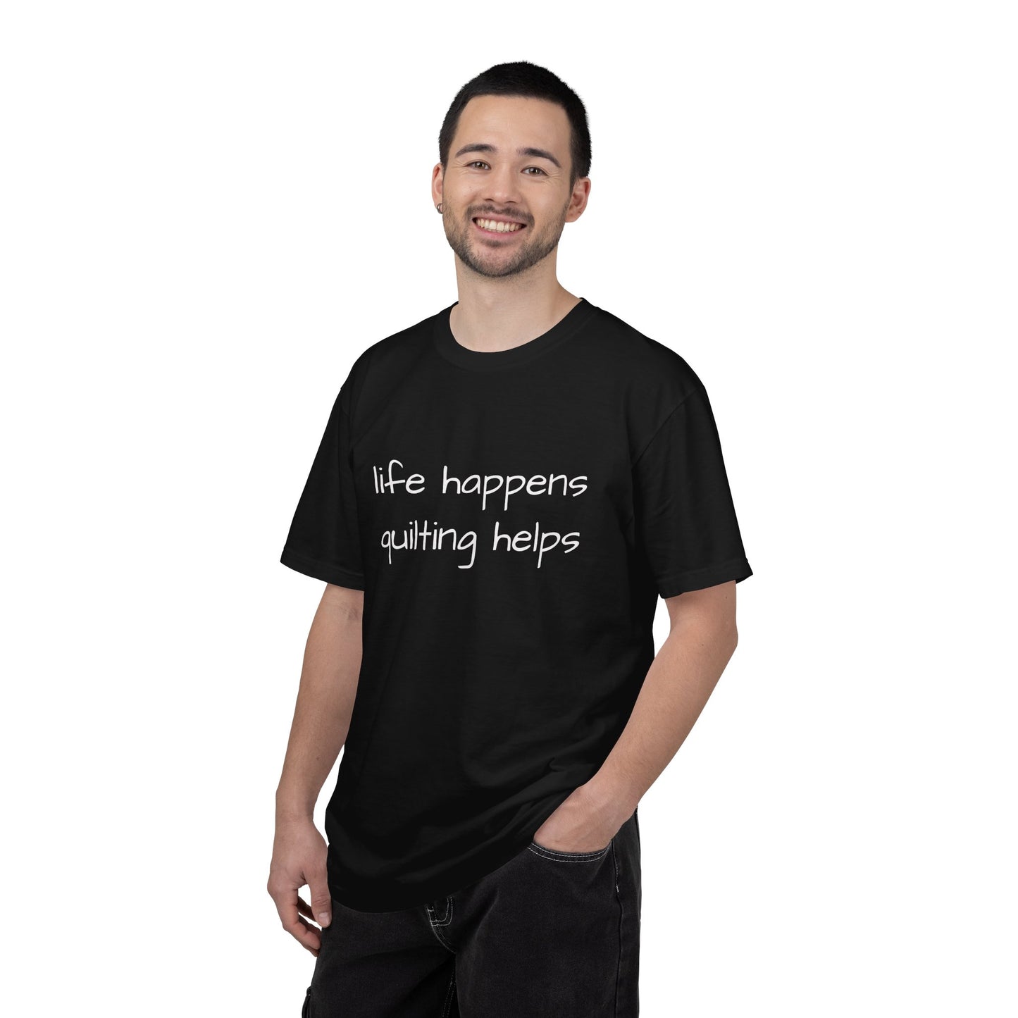 Quilting T-Shirt — "Life Happens, Quilting Helps" Casual Tee for Quilters